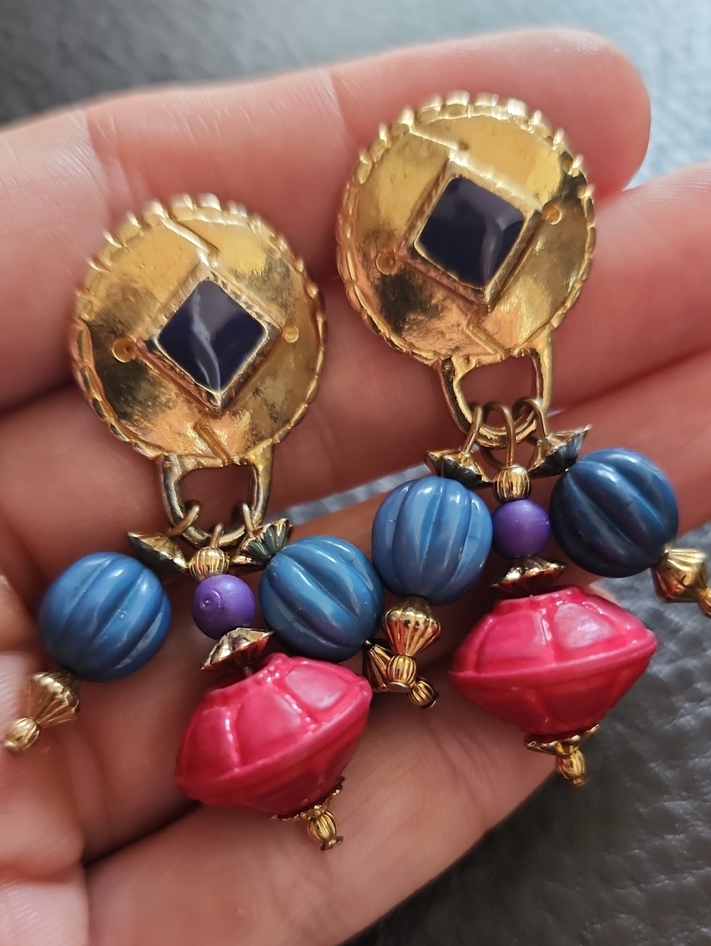 VTG Gold-Tone Earrings with Blue and Pink Beads